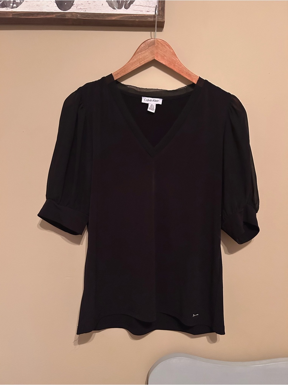 Calvin Klein Black V-Neck Puff Sleeve Top